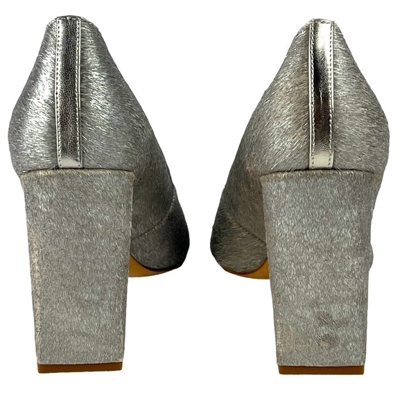 DONNA KARAN NY CRISS SILVER METALLIC PONY HAIR POINTED TOE BLOCK HEEL PUMPS - Picture 11 of 15